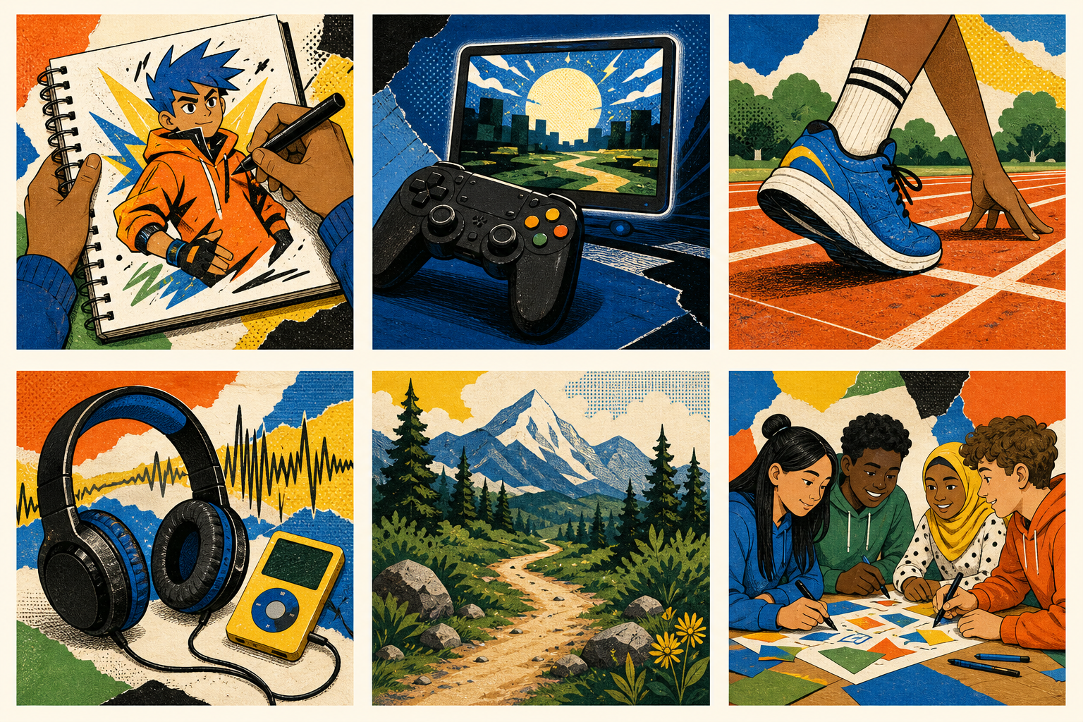 Six illustrated prompts: drawing a character, playing a video game, running, listening to music, exploring a mountain trail, and creating with friends